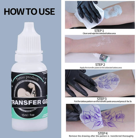 Transfer gel bottle 15ml for tattoo stencil application, shown with step-by-step skin transfer use