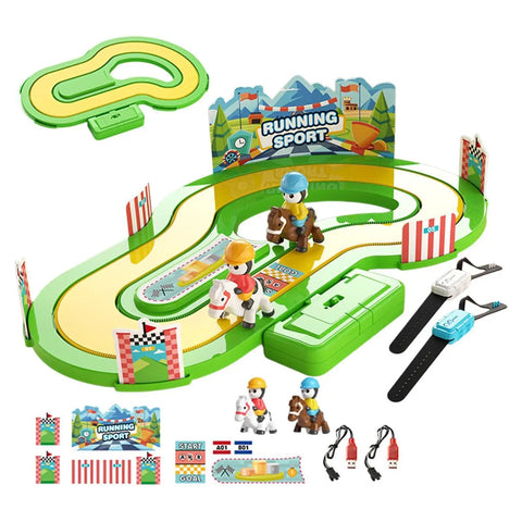 Motion Tracking Racetrack Toy With Wristband Sensors Two Player Competitive Racing For Kids And Parents Realistic Sprint Response And Epic Family Play Movement Logs And Accurate Sensor Feedback To Keep Every Race Exciting. green plastic race track set with wristbands and horse riders