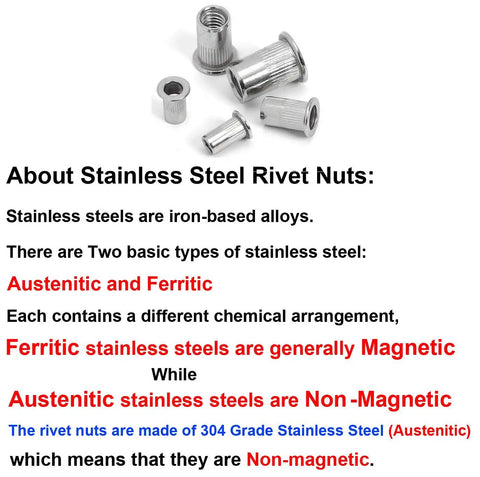 Close-up of various stainless steel rivet nutserts, 1/4-20 size for sheet metal and automotive applications.