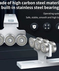 Heavy Duty 6 Wheel Trolley Assembly For Electric Hoist With Super Deep Groove Ball Bearings Loads Like A Champ On 1 5/8 Inch Struts And Pa200 Pa1000 Models, featuring high carbon steel and six stainless steel bearings.
