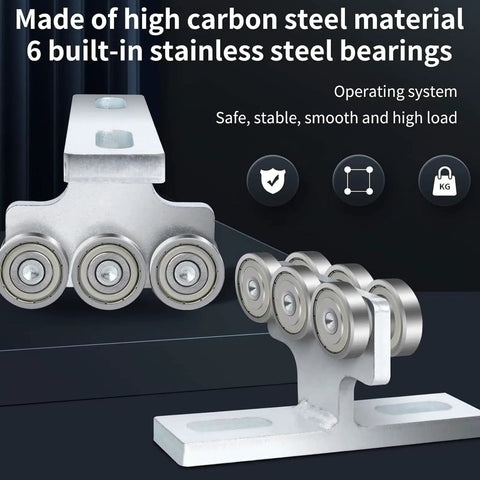 Heavy Duty 6 Wheel Trolley Assembly For Electric Hoist With Super Deep Groove Ball Bearings Loads Like A Champ On 1 5/8 Inch Struts And Pa200 Pa1000 Models, featuring high carbon steel and six stainless steel bearings.