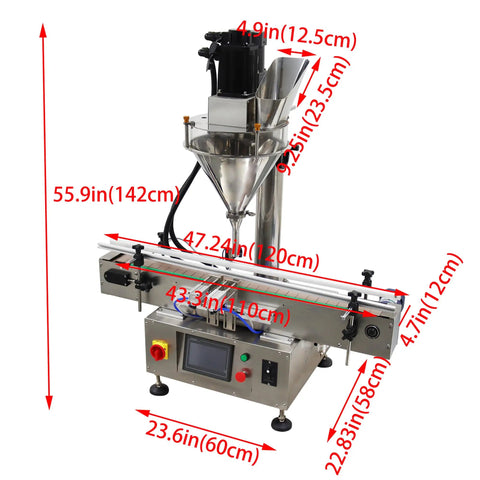 Heavy Duty Semi Automatic Powder Filling Machine Smooth Operator With Conveyor For Granular Packets 55.9in tall stainless steel build.
