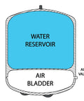 Diagram of pressurized water storage tank for reverse osmosis systems with air bladder and valve, four gallon capacity, white finish.