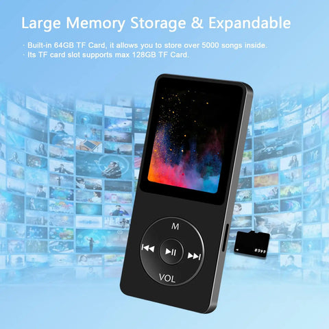 64GB MP3 Player With Bluetooth Portable HiFi Lossless Music Player featuring large storage and expandable 128GB capacity.