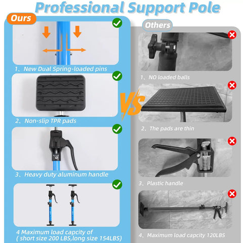 Comparison of Heavy Duty Adjustable Cabinet Support Jack With Sturdy Aluminum Handle vs other support poles, showcasing features and load capacity.