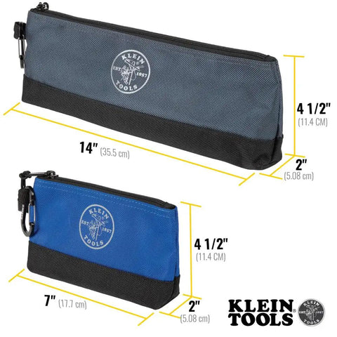 Stand Up Zipper Tool Bags Set With Carabiners, 7 Inch Blue and 14 Inch Gray Pouches with Reinforced Bottom, 2 Pack