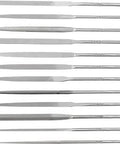 4 Inch Cut File Set With 12 Double Cut Grade 0 Swiss Pattern Files For Fast Material Removal On Delicate Parts Pro Grade Quality Knurled Round Handles And A Handy Plastic Pouch Included Great For Precise Shaping Smoothing And Detailing Projects, full set displayed