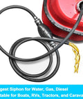 Six Ft Boat Fuel Line With Primer Bulb Nylon Braided Universal Three Eighths Inch Hose 10mm Inner Diameter For Marine Outboard Motors And RVs Includes Steel Clamps connecting to a red tank.