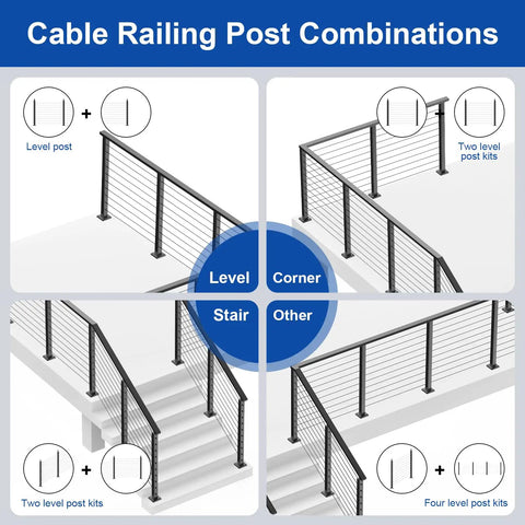 DIY Cable Railing Kit For Decks And Stairs, Black Level Drilled Posts, Swageless System With 4 Post Set, 36 Inch Railing Posts, One Eighth Inch Stainless Steel Cable, 300 Feet Total, No Handrail