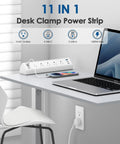 Heavy Duty Desk Clamp Power Strip With Fast Usb C Hub And Rock Solid Bracket For Clean Workspace Cable Management Peak Performance Boss Pack Of Fifteen on desk with laptop and phone.