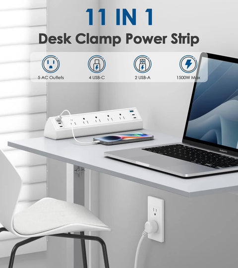 Heavy Duty Desk Clamp Power Strip With Fast Usb C Hub And Rock Solid Bracket For Clean Workspace Cable Management Peak Performance Boss Pack Of Fifteen on desk with laptop and phone.