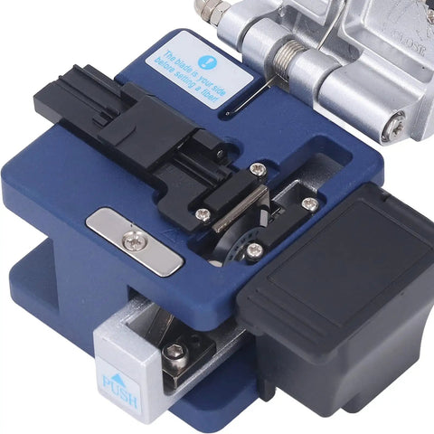 Fiber Cleaver FTTH Pro Grade Tool Kit With Precision Machined Optical Cable Cutter Stainless Steel And ABS Build Hot And Cold Splicing Ready Includes Waste Fiber Storage Box Durable Handy For Network Deployment close-up blue and silver