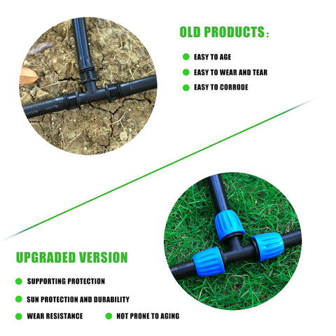Comparison of old and upgraded 8 Pack Half Inch Drip Irrigation Tee Fittings With Barbed Nuts on garden soil and grass, highlighting durability.