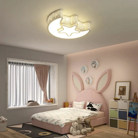 Room with Close To Ceiling Kids Room Light Fixture With Moon And Star Shape Modern Metal Ceiling Chandelier In White 4000K