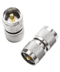 Two Pack UHF PL259 Male To Male Coax Connectors for CB Ham Radios Antennas and Coax Cable Low Loss RF Adapters lying flat