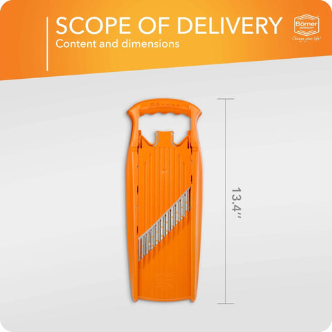 Börner Wave-Waffle Power Line vegetable slicer, orange with multi-thickness blades, front view
