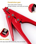 Red zip tie tool, heavy duty metal tensioner close-up showing construction gear and cable tie cutter.