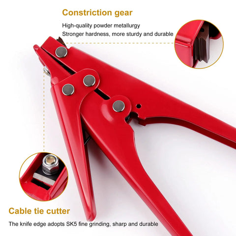 Red zip tie tool, heavy duty metal tensioner close-up showing construction gear and cable tie cutter.