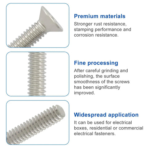 Close-up of Built Like A Tank Cross Outlet Screws 304 stainless steel, showing fine processing and smooth surface, rust resistant.