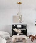 Three Light Crystal Cluster Pendant Chandelier In Gold Finish, Mid Century Modern Hanging Light Fixture in living room
