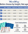 Size chart and care instructions for Comfy 3 Pack Baby Sleep Sack For 6 To 12 Months 100 Percent Cotton 0.5 Tog Wearable Blanket