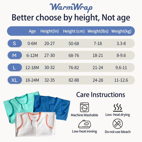 Size chart and care instructions for Comfy 3 Pack Baby Sleep Sack For 6 To 12 Months 100 Percent Cotton 0.5 Tog Wearable Blanket