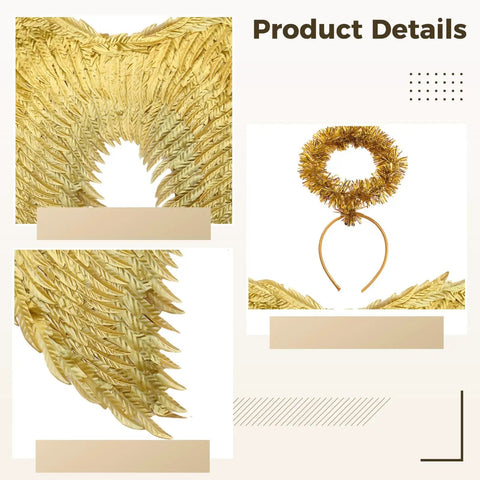 Totally Radiant Gold Feather Wings With Headband Set For Girls, featuring detailed view of sparkly gold foil wings and headpiece.