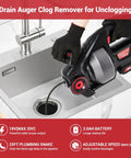 Pro Level Cordless Drain Auger 25 Ft Heavy Duty Plumbing Snake 18 V Battery in action clearing sink clog with 25ft cable.
