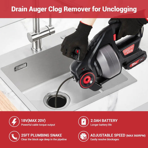 Pro Level Cordless Drain Auger 25 Ft Heavy Duty Plumbing Snake 18 V Battery in action clearing sink clog with 25ft cable.