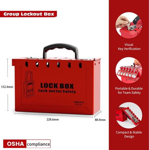 Workhorse OSHA Compliant Lockout Tagout Box Rugged Red Steel Padlock Holder With Carry Handle For Team Maintenance Jobs Locks Down Power Sources Tight And Keeps The Crew Secure