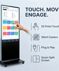Top Shelf 65 Inch 4K UHD IPS Digital Signage Kiosk with touchscreen displaying menu options and user interaction.