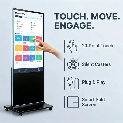 Top Shelf 65 Inch 4K UHD IPS Digital Signage Kiosk with touchscreen displaying menu options and user interaction.