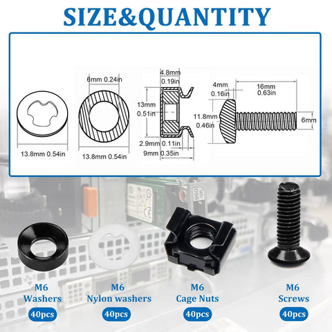 40 Sets M6 Rack Mount Hardware Kit With Cage Nuts, Screws, Nylon Lock Washers, Washers for Server Racks, Cabinets