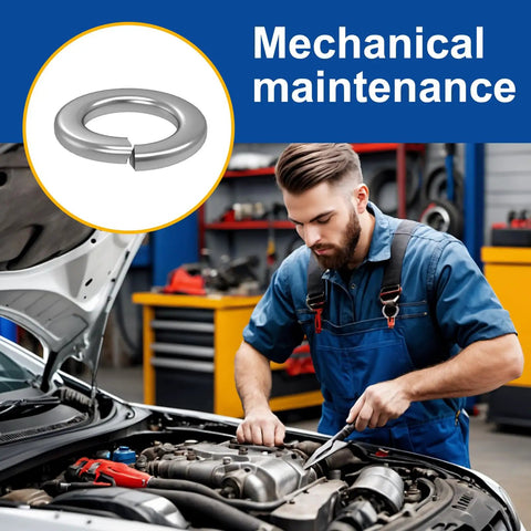 Man working on car engine with 100 Pcs Stainless Steel Spring Lock Washers Size Eight By Thirty Two For Anti Loosening displayed nearby.