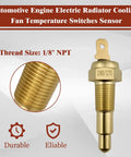 Ground Thermostat Switch 1/8 NPT Automotive Fan Control With 190F On And 175F Off Grounding Fan Circuit Universal Fit For Cars And Trucks Durable Temperature Switch For Cooling Fans brass threaded sensor close-up
