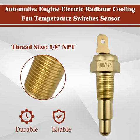 Ground Thermostat Switch 1/8 NPT Automotive Fan Control With 190F On And 175F Off Grounding Fan Circuit Universal Fit For Cars And Trucks Durable Temperature Switch For Cooling Fans brass threaded sensor close-up