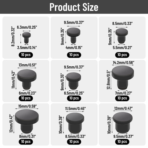 Chart showing sizes of 90 Pcs Silicone Rubber Hole Plugs Set With 9 Diameter Sizes 3.5mm to 9.5mm for various applications.