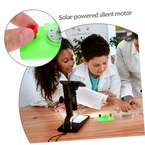 Children explore Solar Powered Science Experiment Kit For Kids with mini generator motors and turbine, emphasizing STEM learning.