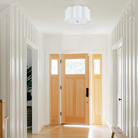 Semi Flush Mount Ceiling Light Fixture With Cream White Fabric Drum Shade Modern Close To Ceiling Lamp in entryway