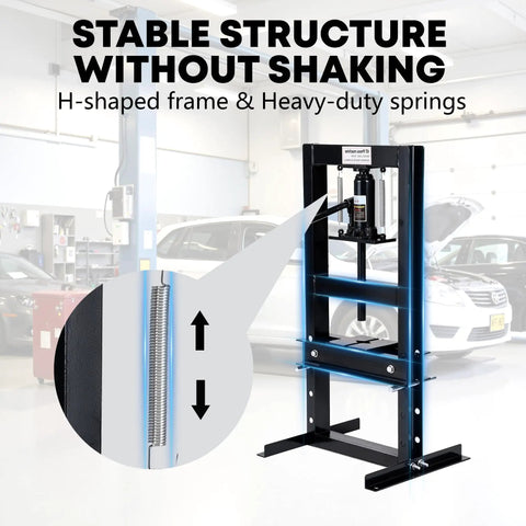 Beefed Up Heavy Duty 6 10 12 20 Ton H Frame Hydraulic Shop Press With Adjustable Worktable And Plates For Metal Bending And Straightening, Ideal For Auto Repair, Bearing Removal, And DIY Garage Projects. Black steel H-frame hydraulic shop press with heavy-duty springs