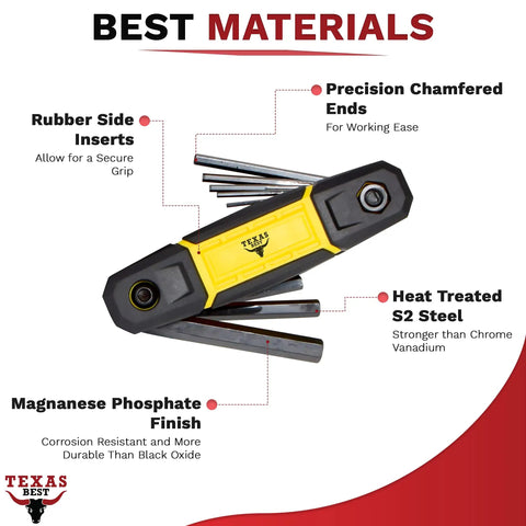 Folding Hex Key Set with Metric and SAE Allen Wrenches, heat treated S2 finish, showing rubber inserts and manganese finish.