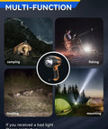 Rechargeable Spotlight With Beast Mode Bright LED Beam images showing camping, fishing, hunting, and mounting uses.