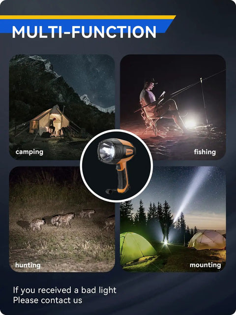 Rechargeable Spotlight With Beast Mode Bright LED Beam images showing camping, fishing, hunting, and mounting uses.