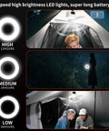 Ultra Portable Camping Fan With 10400mAh Battery, USB Rechargeable Tent Fan shown hanging in a tent with user and LED lights.