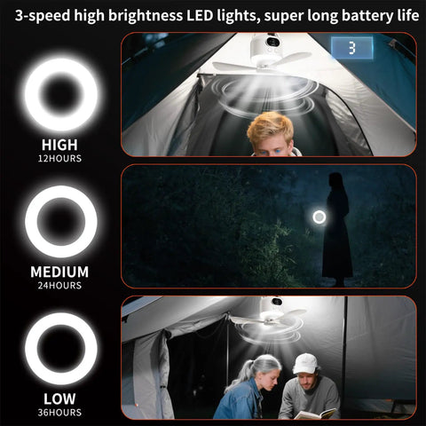Ultra Portable Camping Fan With 10400mAh Battery, USB Rechargeable Tent Fan shown hanging in a tent with user and LED lights.