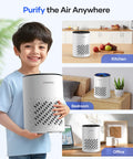 Boy holding Bedroom HEPA Air Purifier Pet Friendly For Allergens With Fragrance Sponge 360 Degree Air Cleansing