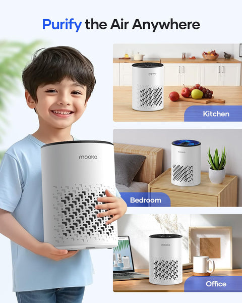 Boy holding Bedroom HEPA Air Purifier Pet Friendly For Allergens With Fragrance Sponge 360 Degree Air Cleansing