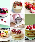 Collage of pastries and cakes, featuring a 12 Piece Round Cookie Cutter Set With Graduated Circle Cutters In 18 8 Stainless Steel.