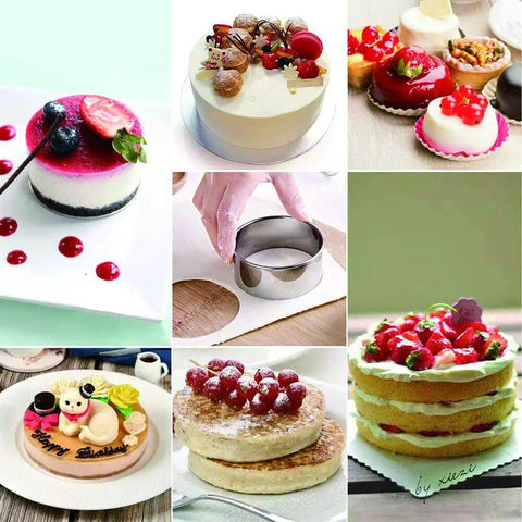 Collage of pastries and cakes, featuring a 12 Piece Round Cookie Cutter Set With Graduated Circle Cutters In 18 8 Stainless Steel.