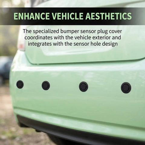 Car bumper with 20 Pack Car Bumper Radar Hole Plugs Cover For 25 26mm Sensor Holes Universal Fit Protector Caps installed, sealing sensor holes.